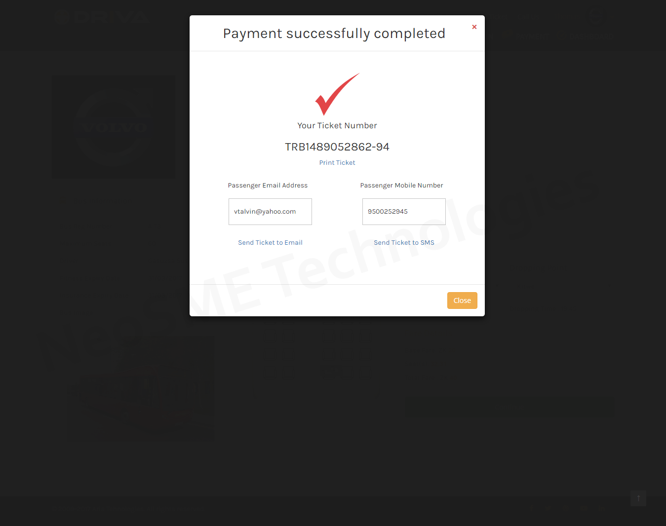 Ticket Booking Confirmation popup