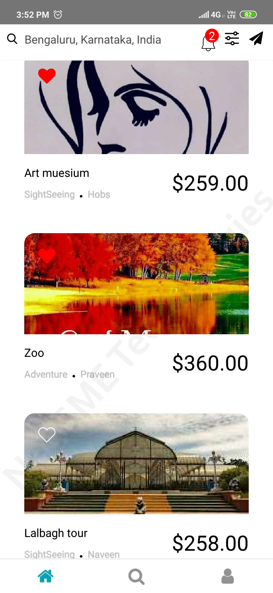 Tours listed around a selected location